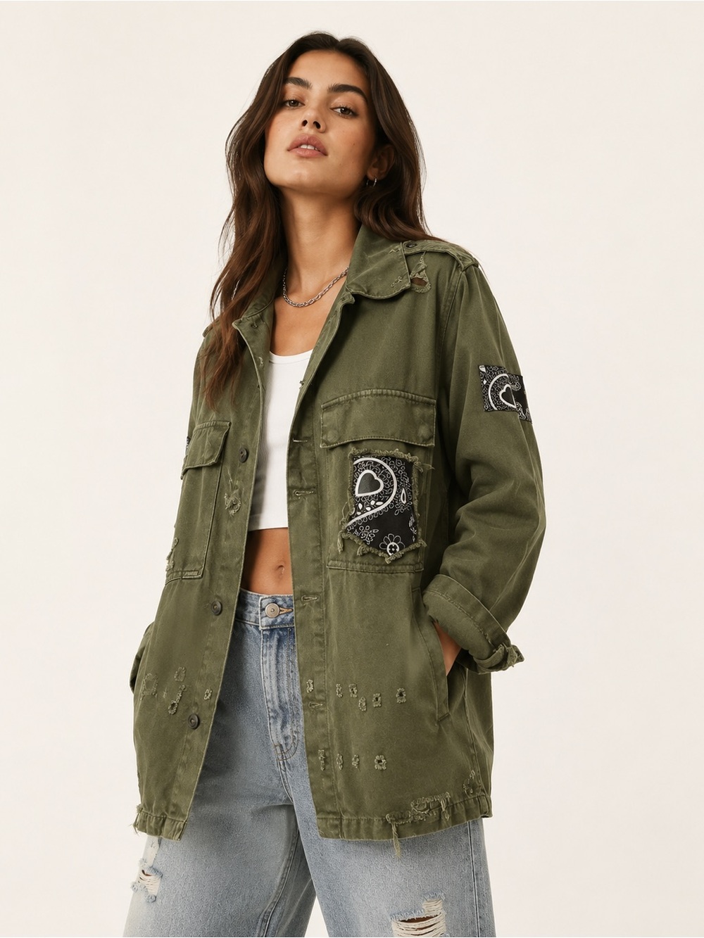 ZARA x Guns N Roses Distressed Green Button Down Shirt L